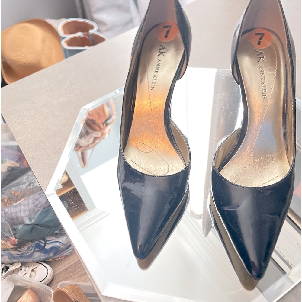 Blue patent leather heels